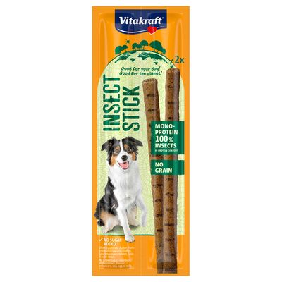 Vitakraft Insect Stick, mono-protein 100% insects, grain free, no added sugar, no colourings or preservatives. Packaging shows two sticks and a dog.