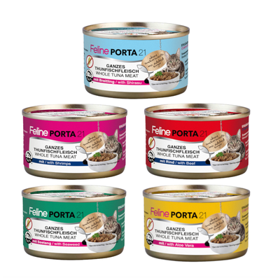 Feline Porta 21 Ganzes Thunfischfleisch Whole Tuna Meat mit Shrimps, bez dodatku cukru. Widoczne różne warianty puszek. Napis: Wypróbuj teraz!