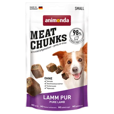 animonda MEAT CHUNKS LAMM PUR, 98 % mono-protein, lufttorkade bitar. Utan spannmål, smakförstärkare, tillsatt socker eller soja. Made in Germany. Storlek: SMALL.