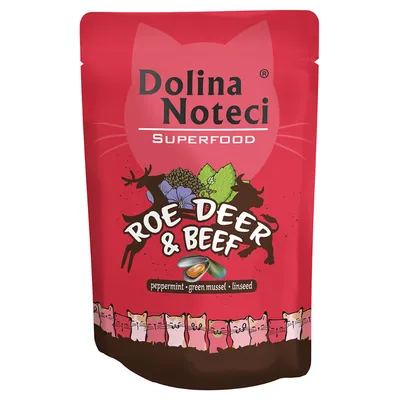Dolina Noteci Superfood, capriolo e manzo con menta piperita, cozza verde e semi di lino. La confezione mostra illustrazioni di gatti sul bordo inferiore.