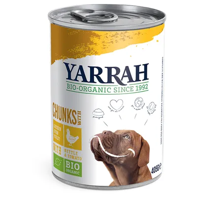 Yarrah BIO-ORGANIC SINCE 1992, CHUNKS WITH CHICKEN, WITH NETTLE & TOMATO, BIO ORGANIC, dåse med billede af hund, 405 g