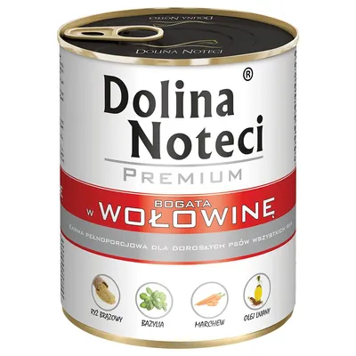 Boîte Dolina Noteci Premium, texte visible : Bogata w wołowinę. Ingrédients illustrés : riz brun, basilic, carotte, huile de lin. Texte en polonais.