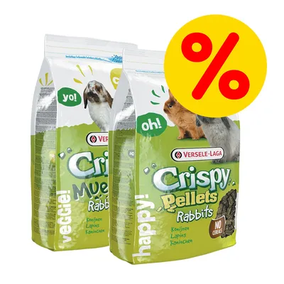 Versele-Laga Crispy Pellets Rabbits und Crispy Muesli Rabbits, Kaninchenfutter, veggie, ohne Getreide, mit Rabatt-Symbol.