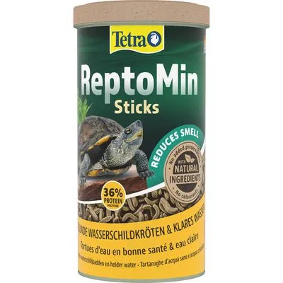 Tetra ReptoMin Sticks, 36% protein, reduces smell, met natuurlijke ingrediënten, geen toegevoegde conserveermiddelen of kleurstoffen. Voer voor waterschildpadden zichtbaar op de verpakking.