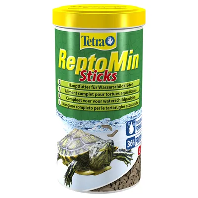 Tetra ReptoMin Sticks, aliment complet pour tortues aquatiques, boîte avec image de tortue et texte multilingue, 36 % protéines indiqué sur l’emballage. Tetra ReptoMin Sticks, aliment complet pour tortues aquatiques, boîte avec image de tortue et texte multilingue, 36 % protéines indiqué sur l’emballage.