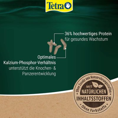Tetra. 36% hochwertiges Protein für gesundes Wachstum, optimales Kalzium-Phosphor-Verhältnis unterstützt Knochen- und Panzerentwicklung. Ohne Konservierungsstoffe, natürliche Inhaltsstoffe.