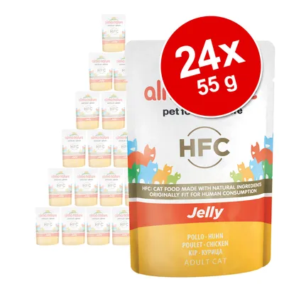 almo nature HFC Jelly kana, aikuisen kissan märkäruoka, 24 x 55 g. Pakkauksessa teksti: HFC: cat food made with natural ingredients originally fit for human consumption.
