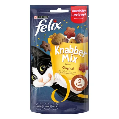 Purina Felix Knabber Mix Original, snack para gatos com frango, fígado e peru. Cerca de 2 kcal por snack. Proteína, vitaminas, ómega 6. Texto em alemão: Unerhört Lecker!