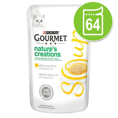 Purina Gourmet Nature's Creations, okusna juha z naravno piščancem, brez dodanih barvil, arom in konzervansov. Embalaža prikazuje porcijo 64.