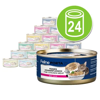Feline Porta 21 kattenvoer, blik met tekst 'Feines Hühnerfleisch Fine Chicken Meat pur/pure', afbeelding van kat en voer, set van 24 blikken zichtbaar op de achtergrond.