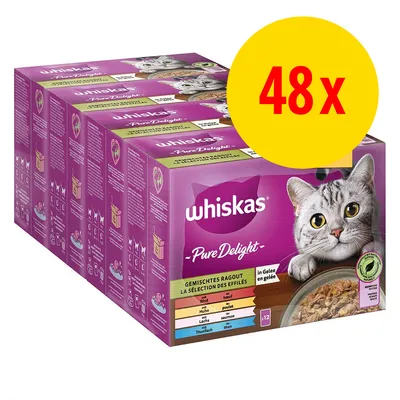 Confezione multipla Whiskas Pure Delight, 48x bustine da 12, vari gusti: manzo, pollo, salmone, tonno. Immagine di gatto e ciotola visibili sulla scatola.
