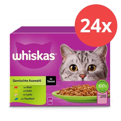 Whiskas Gemischte Auswahl in Sauce, 24x Portionsbeutel mit Rind, Huhn, Lachs und Thunfisch. Hochwertige 100% Zutaten.