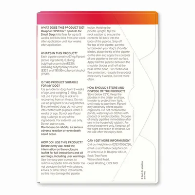 Product instructions and safety information for Beaphar FIPROtec Spot-On, including usage directions, ingredients, suitability, storage, disposal, and contact details.