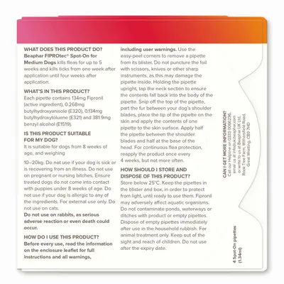 Product instructions and warnings for Beaphar FIPROtec Spot-On for Medium Dogs, including usage directions, ingredients, suitability, storage, disposal advice, and contact information.