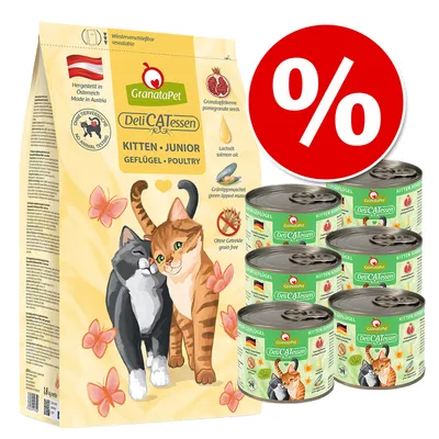 GranataPet DeliCATessen Kitten Junior Geflügel, hergestellt in Österreich, ohne Getreide, mit Granatapfelkernen, Lachsöl und Grünlippmuschel. Angebot mit Prozentzeichen.