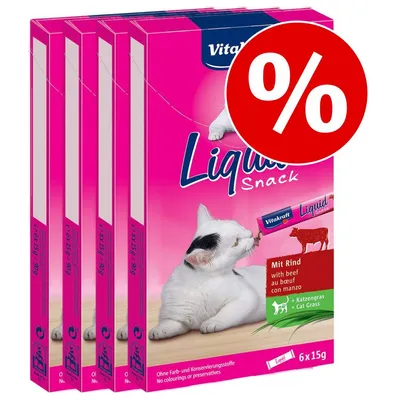 Vitakraft Liquid Snack mit Rind und Katzengras, 6 x 15g, ohne Farb- und Konservierungsstoffe, Aktionsangebot mit Prozentzeichen