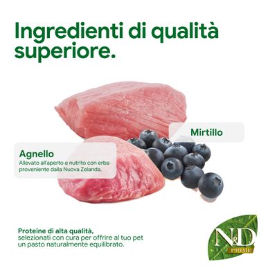 Componenti di alta qualità: agnello dalla Nuova Zelanda e mirtilli. Proteine di alta qualità per un pasto equilibrato. Marca: N&D Prime.