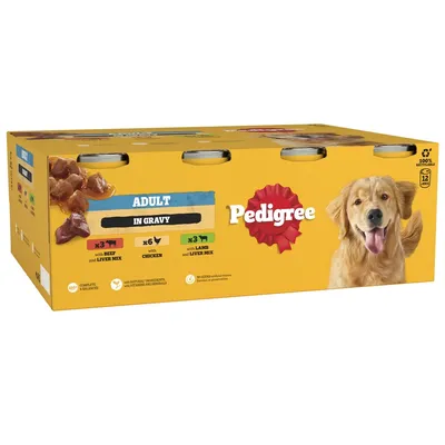 Pedigree adult in gravy multipack with 3 beef and liver mix, 6 chicken, and 3 lamb and liver mix. Contains 12 cans. 100% recyclable packaging. Pedigree adult in gravy multipack with 3 beef and liver mix, 6 chicken, and 3 lamb and liver mix. Contains 12 cans. 100% recyclable packaging.