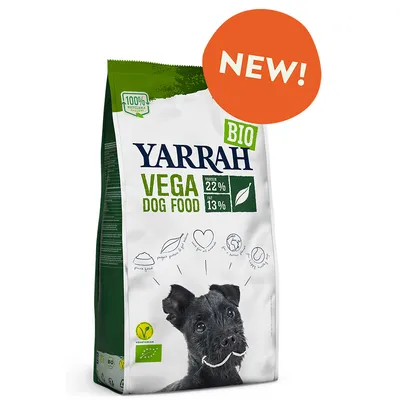 Yarrah Bio Vega Dog Food -koiranruokapakkaus, proteiini 22 %, rasva 13 %, vihreä lehtimerkki, vegetaristi- ja luomusymbolit, oranssi NEW!-merkintä