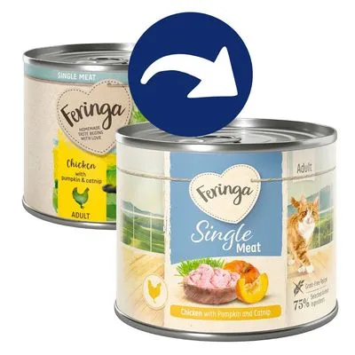 Deux boîtes Feringa Single Meat Adult, poulet avec citrouille et cataire. Texte visible : 75 % viande sélectionnée, sans céréales. Flèche blanche sur cercle bleu en haut.