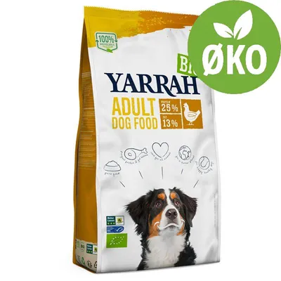 Yarrah Adult Dog Food, protein 25 %, fedt 13 %, øko-mærke, billede af hund på posen, tekst: 100 % recycelbare materialer. Stor grøn cirkel med ØKO-tekst og bladgrafik. Yarrah Adult Dog Food, protein 25 %, fedt 13 %, øko-mærke, billede af hund på posen, tekst: 100 % recycelbare materialer. Stor grøn cirkel med ØKO-tekst og bladgrafik.
