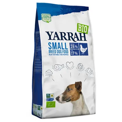 Yarrah Bio Small Breed Dog Food, proteine 26 %, grassi 17 %, adatto anche per cuccioli. Immagine di cane, certificazione biologica e simbolo 100% riciclabile visibili sulla confezione.