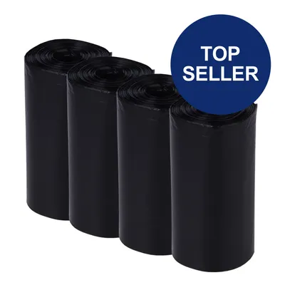 Vier Rollen schwarze Müllbeutel mit blauem Kreis und Text 'Top Seller'.