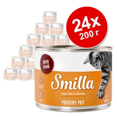 Smilla Poultry Pot with Lamb, 24×200 г консерви за котки. Видими надписи: WITH LAMB, CONTAINS TAURINE, GRAIN-FREE, FOOD FOR A LIFETIME.