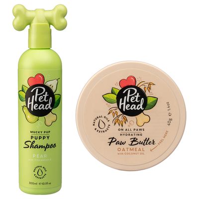 Pet Head Mucky Pup Puppy Shampoo pera e camomilla 300 ml e Pet Head Paw Butter avena e olio di cocco 40 g, simbolo percentuale per offerta.
