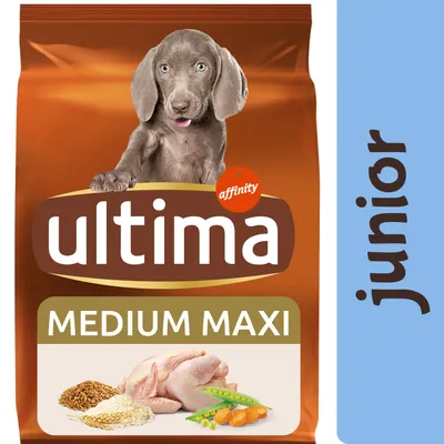Sac de croquettes Ultima affinity MEDIUM MAXI junior, visuel avec céréales, poulet, petits pois et carottes. Texte visible : junior. Sac de croquettes Ultima affinity MEDIUM MAXI junior, visuel avec céréales, poulet, petits pois et carottes. Texte visible : junior.