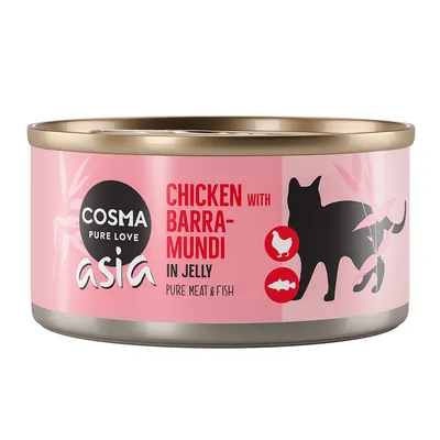 Cosma Pure Love asia kattemad, Chicken with Barramundi in Jelly, Pure Meat & Fish. Dåse med sort kattegrafik og ikoner for kylling og fisk på lyserød baggrund.