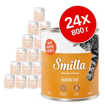 24 банки по 800 г корма для кошек Smilla Poultry Pot с сердечками птицы, содержит таурин, без зерна. Видны надписи: WITH POULTRY HEARTS, CONTAINS TAURINE, GRAIN-FREE.