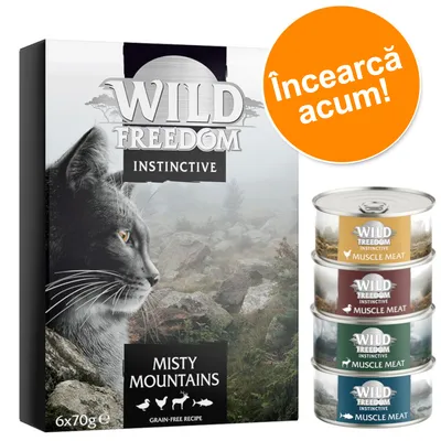 Pachet Wild Freedom Instinctive Misty Mountains 6x70g și patru conserve Muscle Meat. Text vizibil: „Încearcă acum!” pe fundal portocaliu.