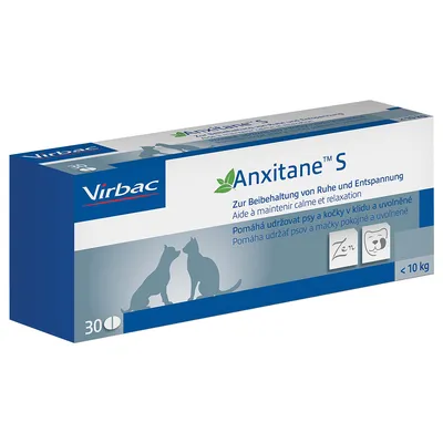 Virbac Anxitane S, 30 tablettia, alle 10 kg. Pakkauksessa tekstiä useilla kielillä: auttaa ylläpitämään koirien ja kissojen rauhallisuutta ja rentoutumista.