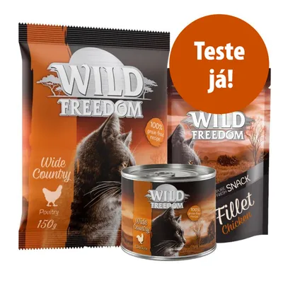 Wild Freedom Wide Country, 150 g, Pure Fresh Snack Fillet Chicken e lata de frango. Texto visível: '100% grain-free recipe', 'Teste já!'. Imagem de gato nas embalagens.