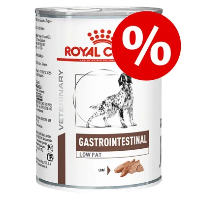 Консерва Royal Canin Gastrointestinal Low Fat Veterinary за кучета, изображение на куче и храна, червен знак с процент за отстъпка. Консерва Royal Canin Gastrointestinal Low Fat Veterinary за кучета, изображение на куче и храна, червен знак с процент за отстъпка.