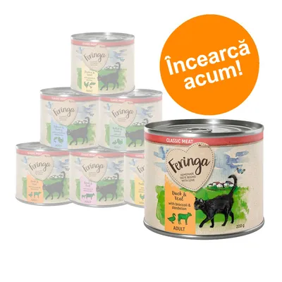 Conservă Feringa Classic Meat pentru pisici adulte, 200 g, variantă Duck & Veal with broccoli & dandelion. Text vizibil: „Încearcă acum!” pe fundal portocaliu.
