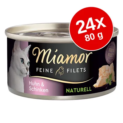 Conservă Miamor Feine Filets Huhn & Schinken Naturell, 24x80 g, imagine cu pisică și file de carne pe ambalaj. Text vizibil: 100% Filet.
