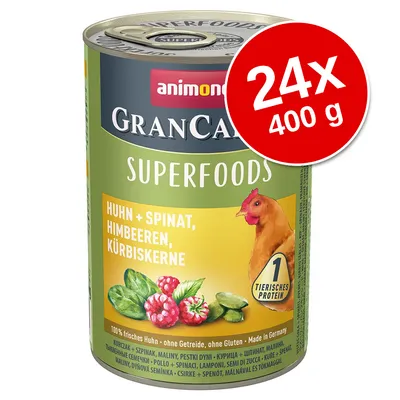 Conservă Animonda GranCarno Superfoods, 24x400g. Text vizibil: Huhn + Spinat, Himbeeren, Kürbiskerne. Imagine cu pui, spanac, zmeură și semințe de dovleac. 1 tierisches protein. Conservă Animonda GranCarno Superfoods, 24x400g. Text vizibil: Huhn + Spinat, Himbeeren, Kürbiskerne. Imagine cu pui, spanac, zmeură și semințe de dovleac. 1 tierisches protein.