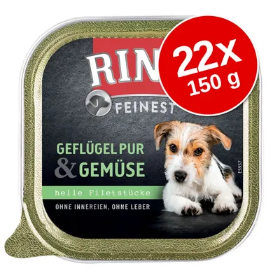 Rinti Feinest Geflügel pur & Gemüse, 22 x 150 g, helle Filetstücke, ohne Innereien, ohne Leber. Ambalaj cu imagine de animal și etichetă roșie pentru cantitate. Rinti Feinest Geflügel pur & Gemüse, 22 x 150 g, helle Filetstücke, ohne Innereien, ohne Leber. Ambalaj cu imagine de animal și etichetă roșie pentru cantitate.