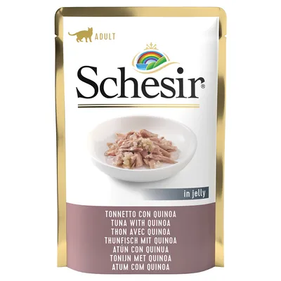 Schesir Adult риба тон с киноа в желе. Изображението показва купа с парчета риба тон и киноа.