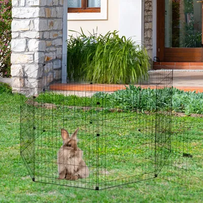 Freigehege aus Metall für Kleintiere, sechseckig, auf grünem Rasen vor einem Haus. Ein Kaninchen sitzt im Gehege. Freigehege aus Metall für Kleintiere, sechseckig, auf grünem Rasen vor einem Haus. Ein Kaninchen sitzt im Gehege.