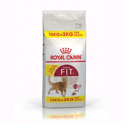 Royal Canin Regular Fit 32, opakowanie 12 kg. Na żółtym pasku: 10 kg + 2 kg gratis. Widoczny rysunek kota i logo Royal Canin.