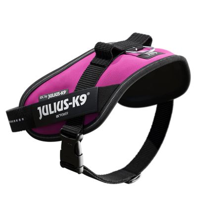 Pettorina per cani Julius-K9 IDC®Power, colore fucsia, con fibbia in plastica nera e maniglia superiore. Testo visibile: 'JULIUS-K9', 'IDC by JULIUS-K9', 'IDC®POWER'.