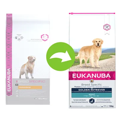 Imagine comparativă cu două ambalaje de hrană uscată pentru câini Eukanuba Breed Specific Golden Retriever, 12 kg, cu săgeată indicând schimbarea designului.