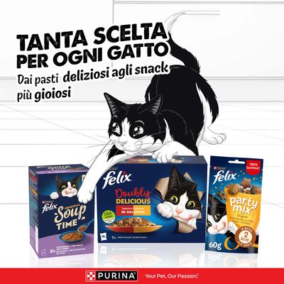 Felix alimento per gatti e snack. Tanta scelta per ogni gatto, dai pasti deliziosi agli snack più gioiosi. Purina. Your Pet, Our Passion.
