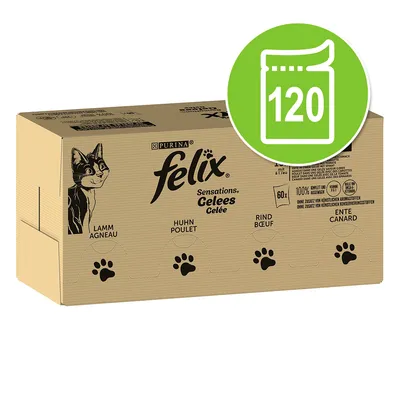 Purina felix Sensations Gelees macskaeledel csomag, 120 tasak, látható ízek: bárány, csirke, marha, kacsa. Kartondobozon fekete macska rajz és mancsnyomok. Purina felix Sensations Gelees macskaeledel csomag, 120 tasak, látható ízek: bárány, csirke, marha, kacsa. Kartondobozon fekete macska rajz és mancsnyomok.