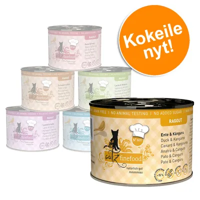 catz finefood Ragout -kissanruokapurkkeja eri makuja, etiketissä tekstit: GRAIN FREE, NO ANIMAL TESTING, NO ADDED SUGAR. Oranssi ympyrä: Kokeile nyt!