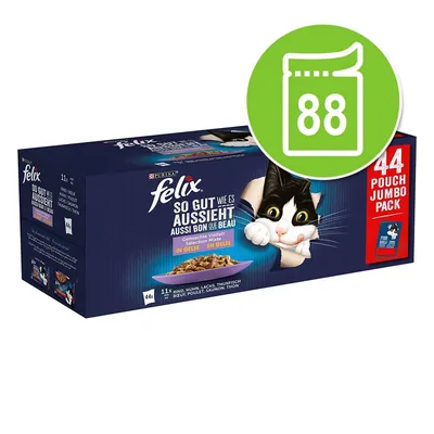 Cutie Felix So Gut Wie Es Aussieht, 44 plicuri, selecție mixtă în jeleu. Text vizibil: Pouch Jumbo Pack, 11x vită, pui, somon, ton. Simbol verde cu numărul 88.