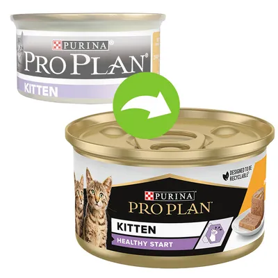 Verpackungsänderung: Purina Pro Plan Kitten wird zu Purina Pro Plan Kitten Healthy Start, neue Dose mit Kätzchenabbildung und Hinweis 'Designed to be recyclable'.